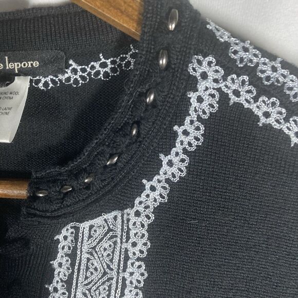 NANETTE LEPORE black white floral embroidery merino wool long sleeve dress XS - Picture 5 of 15